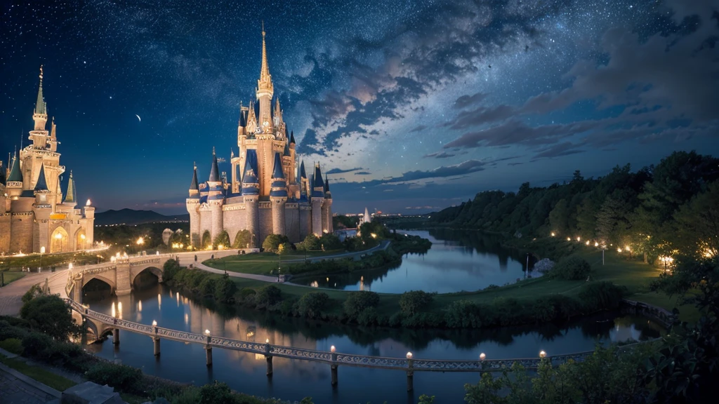 Highest quality,Fantastic landscape、Cinderella Castle、night、Starry Sky、moon