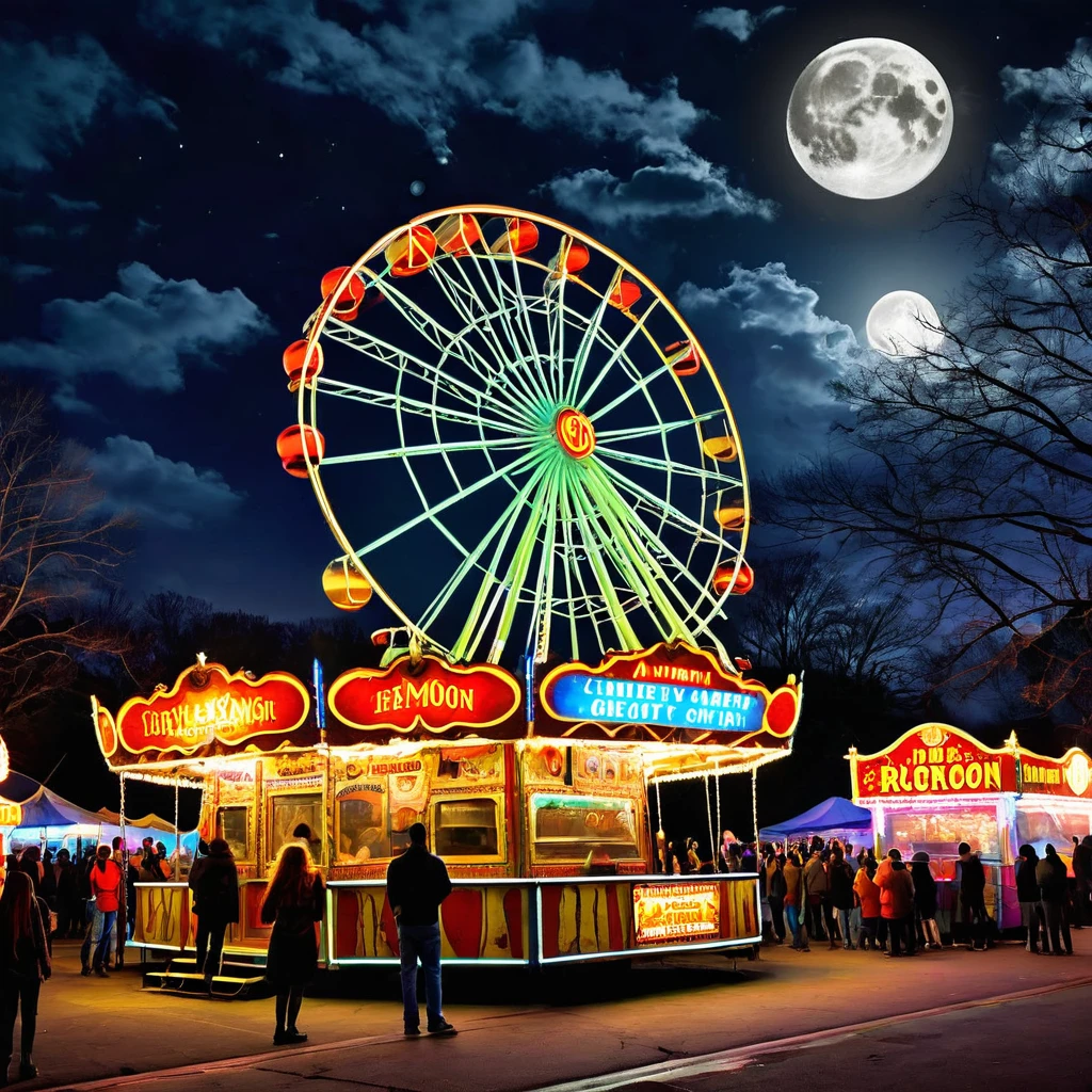 Illustrate a spooky carnival with dilapidated rides, ghostly cotton candy vendors, and creepy clowns. The moon should cast an eerie glow.