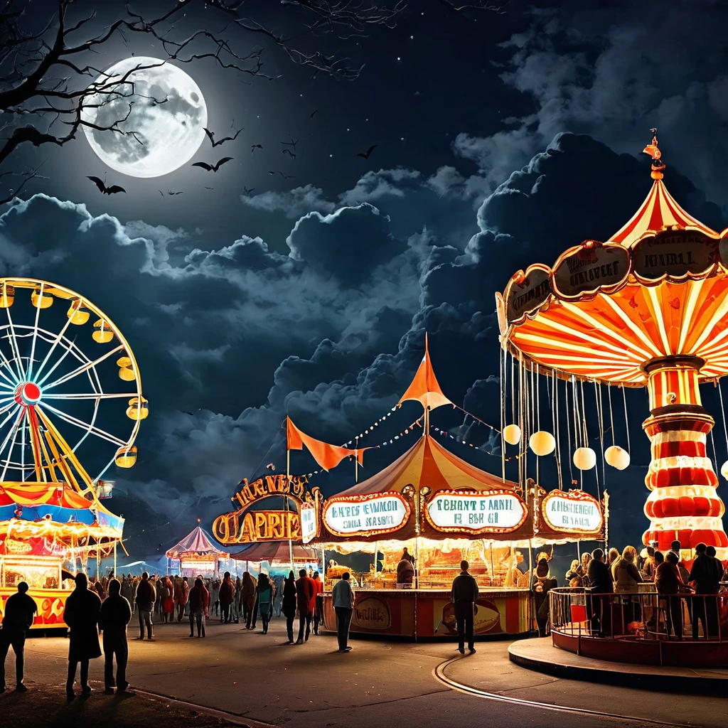 Illustrate a spooky carnival with dilapidated rides, ghostly cotton candy vendors, and creepy clowns. The moon should cast an eerie glow.