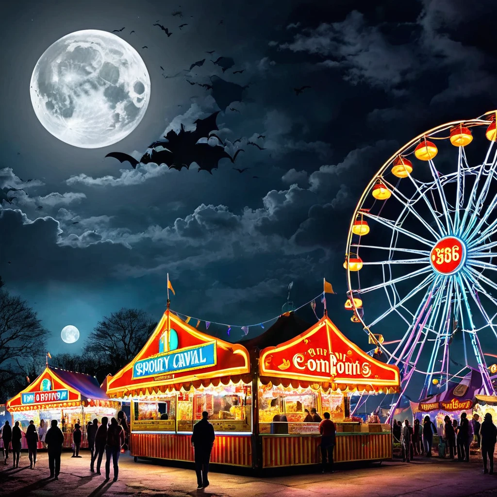 Illustrate a spooky carnival with dilapidated rides, ghostly cotton candy vendors, and creepy clowns. The moon should cast an eerie glow.