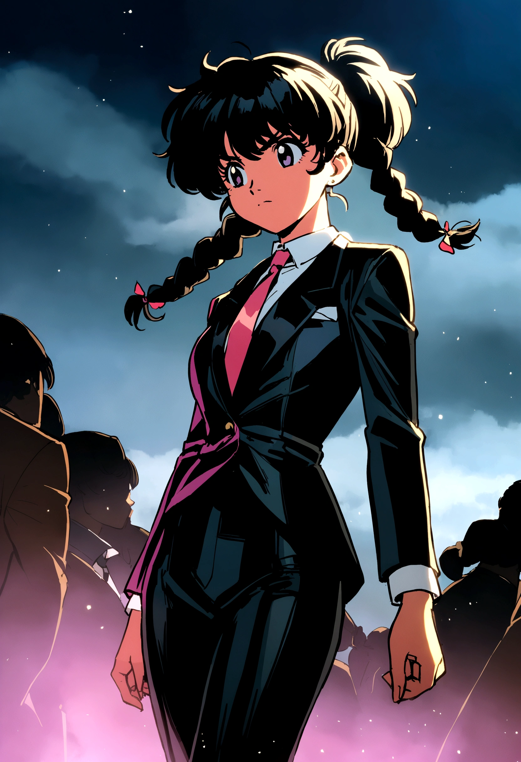 80s style anime girl, with black hair, two braids and a black gala suit with a tie