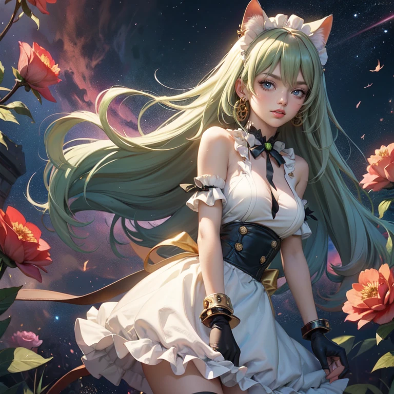 1girl, white maid dress, jewelry, green hair, flowing hair, long hair, maid dress with a short skirt and layers, white laces, white boots, white dress with transparency, gold details on her clothes, cat ears, animal ears, more details, perfectly body, perfectly hands, two hands, two legs, two arms, five fingers, glowing hair, best quality, cat ears, animal ears, tail ornament, tail bow, white gloves, two cat tail, white gloves, alone, maid headdress, choker, detached sleeves, maid dress, maid white dress, strapless, masterpeice, best quality, detailed face, night, mobius (honkai impact), honkai (series), honkai impact 3rd, asymmetrical gloves, bangs, white short skirt , white gloves, white boots, earrings, elbow gloves, fishnet thighhighs, fishmasterpeice, solo, best quality, detailed face, gloves, green eyes, green hair, hair between eyes, jewelry, long hair, looking at viewer, single earring, sky, sleeveless, solo, thigh boots, thighhighs, tongue, tongue out, uneven gloves, cat ears, animal ears, cat tail, , solo, alone, Looking at the viewer, More details on the clothes, magenta roses on her hair, space scenery, maid, maid dress, magenta details, magenta roses, maid headdress, maid apron, purple hair, long hair, seat on the Saturn rings, bats details on her clothes, more details on her clothes, gold details on her clothes, space, smiling, standing her hand to a viewer, looking at the viewer, in the background a several asteroids glowing with fiery auras, Dramatic lighting from distant stars and planets illuminates the scene, looking at the vast and mysterious universe, cowboy shot, upper body portrait, more details, sparkle,