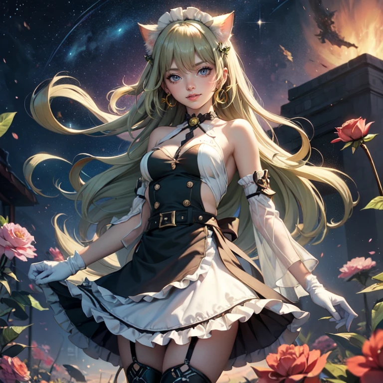 1girl, white maid dress, jewelry, green hair, flowing hair, long hair, maid dress with a short skirt and layers, white laces, white boots, white dress with transparency, gold details on her clothes, cat ears, animal ears,  more details, perfectly body, perfectly hands, two hands, two legs, two arms, five fingers, glowing hair, best quality, cat ears, animal ears, tail ornament, tail bow, white gloves, two cat tail, white gloves, alone, maid headdress, choker, detached sleeves, maid dress, maid white dress, strapless, masterpeice, best quality, detailed face, night, mobius (honkai impact), honkai (series), honkai impact 3rd, asymmetrical gloves, bangs, white short skirt , white gloves, white boots, earrings, elbow gloves, fishnet thighhighs, fishmasterpeice, solo, best quality, detailed face, gloves, green eyes, green hair, hair between eyes, jewelry, long hair, looking at viewer, single earring, sky, sleeveless, solo, thigh boots, thighhighs, tongue, tongue out, uneven gloves, cat ears, animal ears, cat tail, , solo, alone, Looking at the viewer, More details on the clothes, magenta roses on her hair, space scenery, maid, maid dress, magenta details, magenta roses, maid headdress, maid apron, purple hair, long hair, seat on the Saturn rings, bats details on her clothes, more details on her clothes, gold details on her clothes, space, smiling, standing her hand to a viewer, looking at the viewer, in the background a several asteroids glowing with fiery auras, Dramatic lighting from distant stars and planets illuminates the scene, looking at the vast and mysterious universe, cowboy shot, upper body portrait, more details, sparkle,