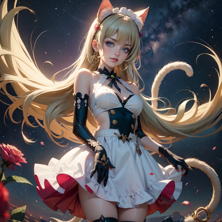 1girl, white maid dress, jewelry, green hair, flowing hair, long hair, maid dress with a short skirt and layers, white laces, white boots, white dress with transparency, gold details on her clothes, cat ears, animal ears, more details, perfectly body, perfectly hands, two hands, two legs, two arms, five fingers, glowing hair, best quality, cat ears, animal ears, tail ornament, tail bow, white gloves, two cat tail, white gloves, alone, maid headdress, choker, detached sleeves, maid dress, maid white dress, strapless, masterpeice, best quality, detailed face, night, mobius (honkai impact), honkai (series), honkai impact 3rd, asymmetrical gloves, bangs, white short skirt , white gloves, white boots, earrings, elbow gloves, fishnet thighhighs, fishmasterpeice, solo, best quality, detailed face, gloves, green eyes, green hair, hair between eyes, jewelry, long hair, looking at viewer, single earring, sky, sleeveless, solo, thigh boots, thighhighs, tongue, tongue out, uneven gloves, cat ears, animal ears, cat tail, , solo, alone, Looking at the viewer, More details on the clothes, magenta roses on her hair, space scenery, maid, maid dress, magenta details, magenta roses, maid headdress, maid apron, purple hair, long hair, seat on the Saturn rings, bats details on her clothes, more details on her clothes, gold details on her clothes, space, smiling, standing her hand to a viewer, looking at the viewer, in the background a several asteroids glowing with fiery auras, Dramatic lighting from distant stars and planets illuminates the scene, looking at the vast and mysterious universe, cowboy shot, upper body portrait, more details, sparkle,