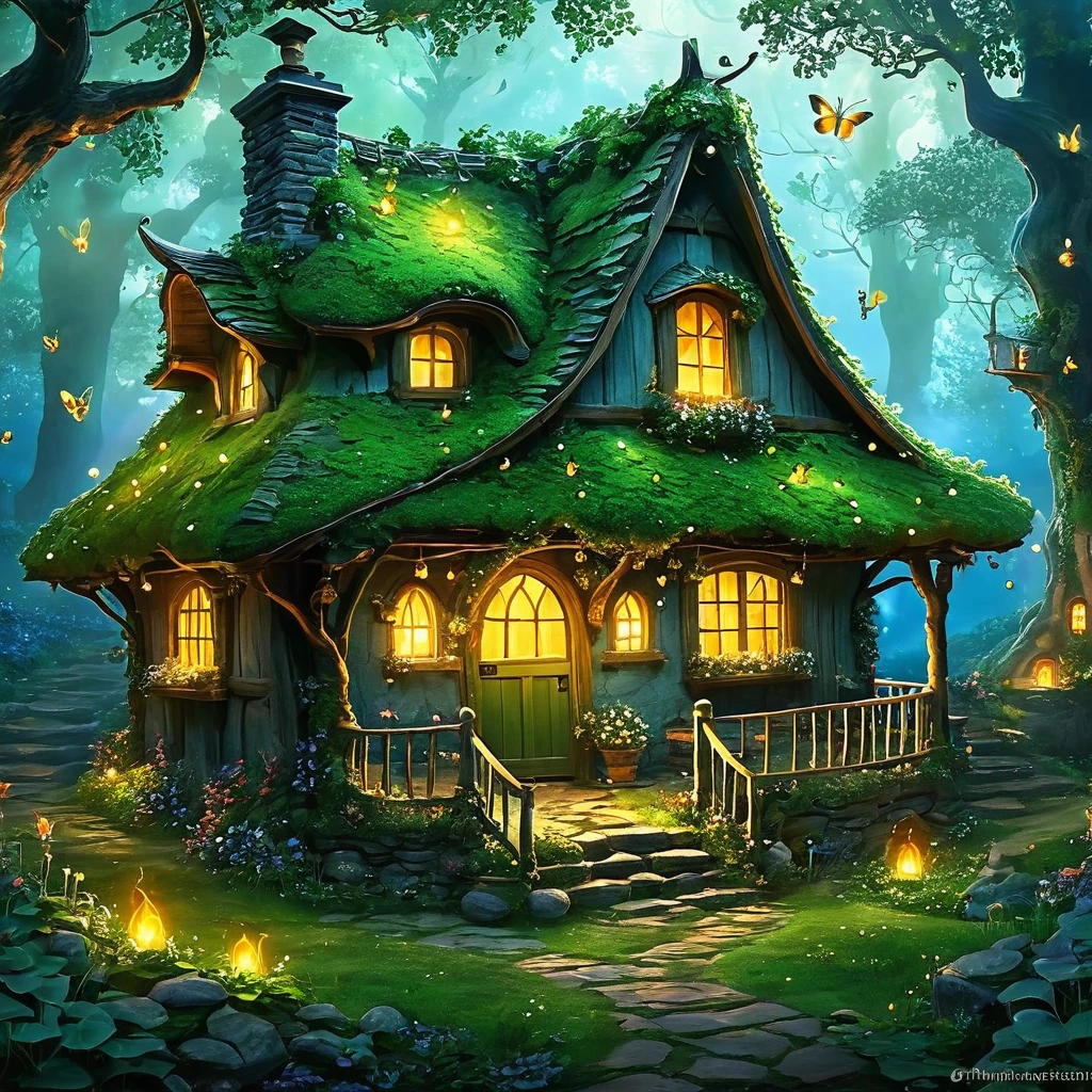 Create an image of a hidden witch's cottage deep in the woods, surrounded by gnarled trees and glowing fireflies. Give it an aura of enchantment and mystery