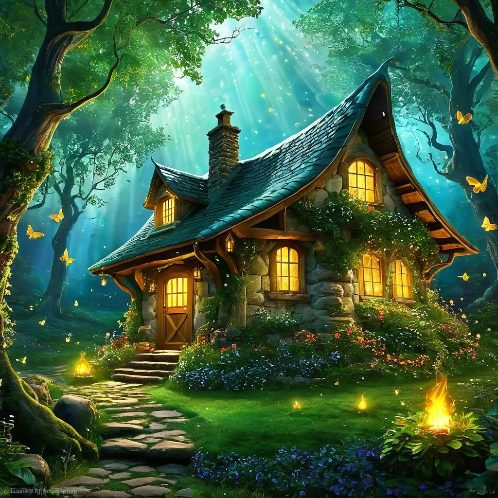 Create an image of a hidden witch's cottage deep in the woods, surrounded by gnarled trees and glowing fireflies. Give it an aura of enchantment and mystery