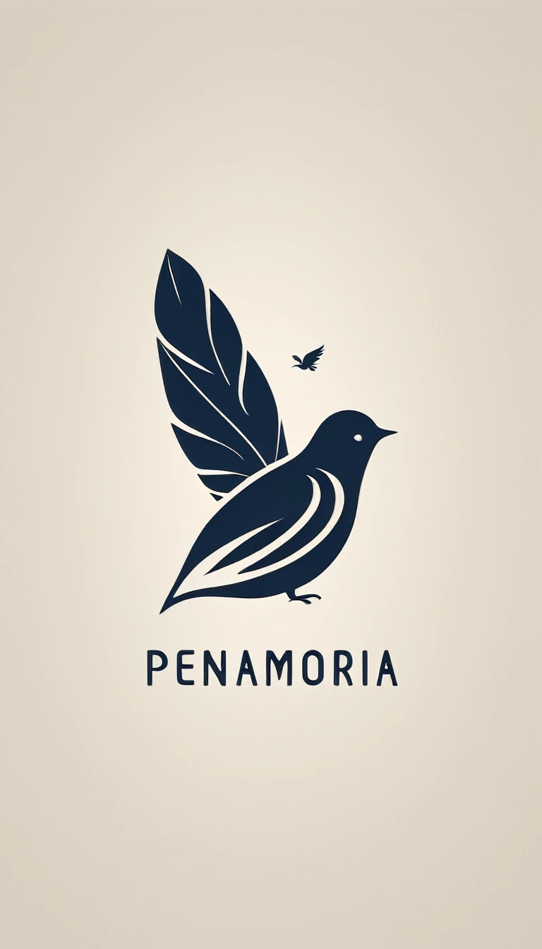 A minimal, modern, simple, cinematic logotype for the brand “Penamemoria". The logotype must be a simple, magical feather and a boy playing acoustic guitar. The logo must convey a sense of music, stories and dreams. Logo design impressed on a book cover. Minimalistic logo