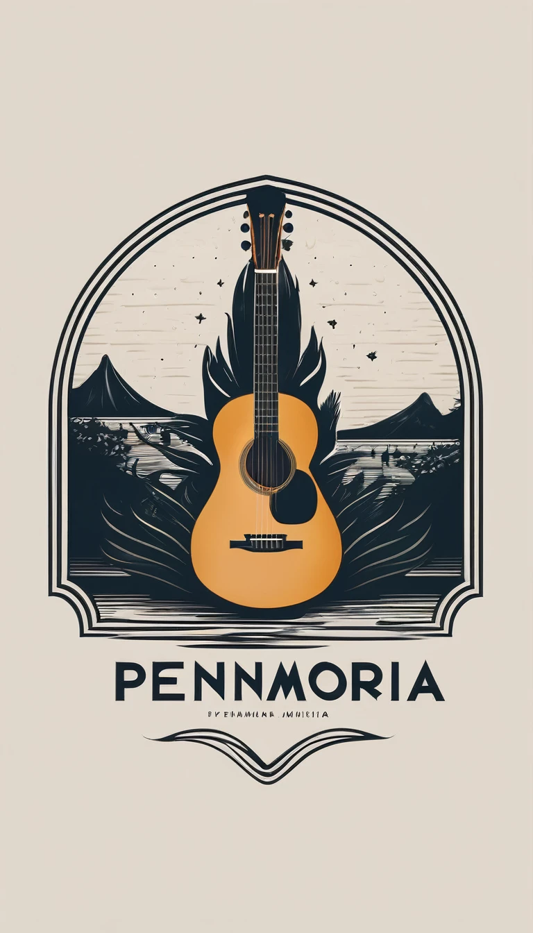 A minimal, modern, simple, cinematic logotype for the brand “Penamemoria". The logotype must be a simple, magical feather and a boy playing acoustic guitar. The logo must convey a sense of music, stories and dreams. Logo design impressed on a book cover. Minimalistic logo