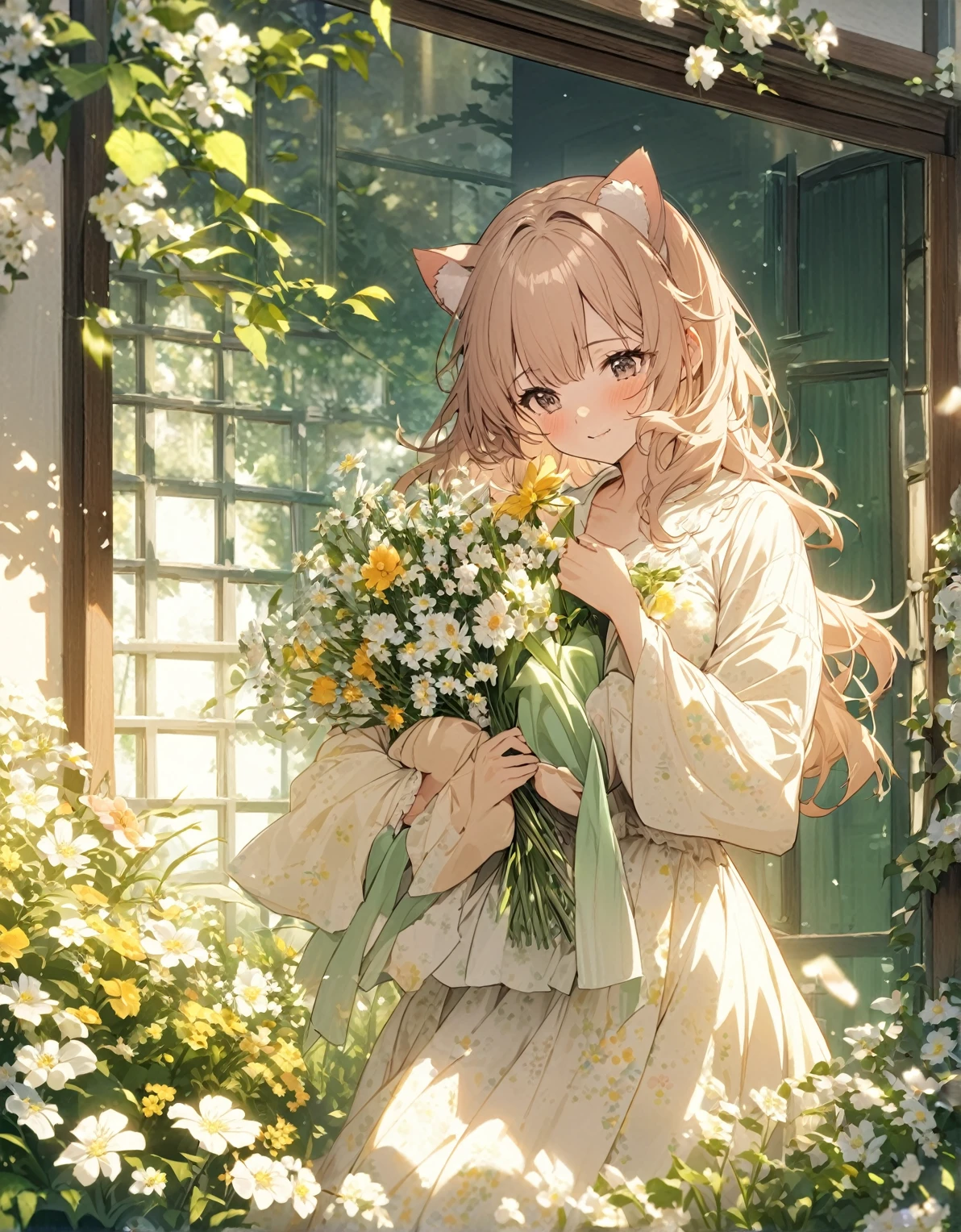A nekogirl (neko ears) in pajamas opens the window、clear々Fresh morning air and refreshing sunshine、flowers in the garden々is in full bloom、It smells like spring。A work that expresses the freshness of a certain spring morning.。The gentle and calm atmosphere of the whole scene、It is necessary to fully express the cuteness of a woman who stretches in the morning air.。hair blowing in the wind、The wind brings the freshness of spring。A woman's profile is beautiful and captivates the viewer.。petals riding the wind、birds chirping、I have a feeling that today is going to be a very good day as well.。Excitement、I can't help but smile。This scene is rendered in anime style, with vivid contrast and beautiful detail.。high quality、High resolution、masterpiece:1.2。