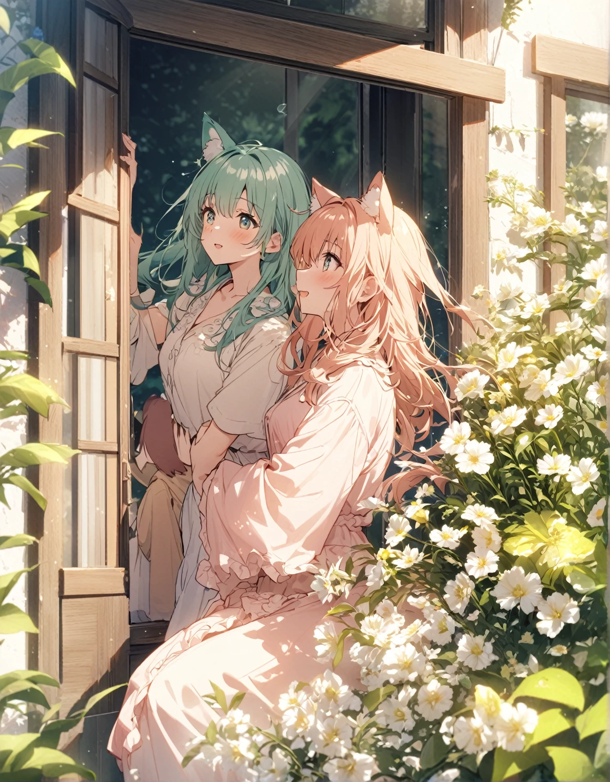 A nekogirl (neko ears) in pajamas opens the window、clear々Fresh morning air and refreshing sunshine、flowers in the garden々is in full bloom、It smells like spring。A work that expresses the freshness of a certain spring morning.。The gentle and calm atmosphere of the whole scene、It is necessary to fully express the cuteness of a woman who stretches in the morning air.。hair blowing in the wind、The wind brings the freshness of spring。A woman's profile is beautiful and captivates the viewer.。petals riding the wind、birds chirping、I have a feeling that today is going to be a very good day as well.。Excitement、I can't help but smile。This scene is rendered in anime style, with vivid contrast and beautiful detail.。high quality、High resolution、masterpiece:1.2。
