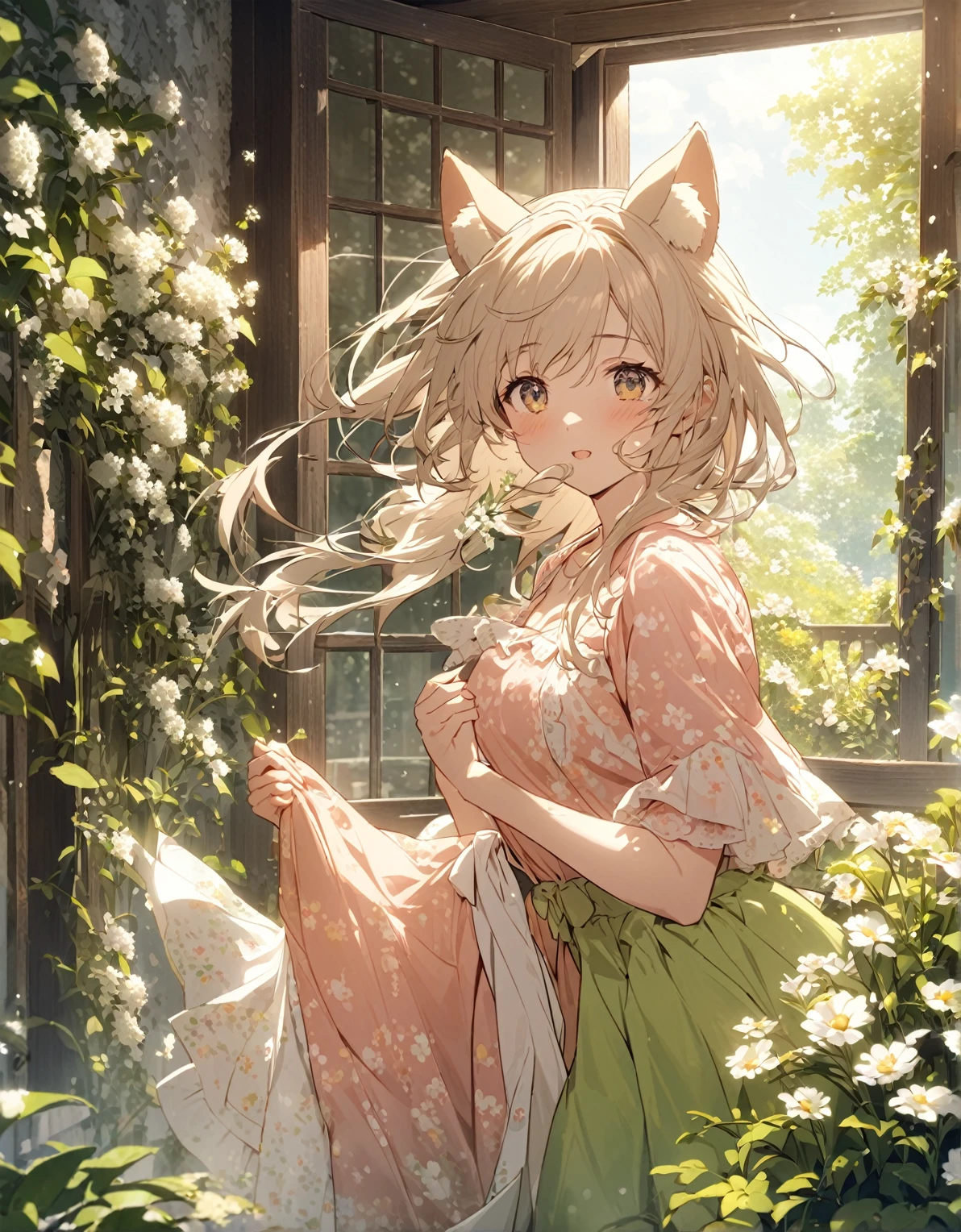 A nekogirl (neko ears) in pajamas opens the window、clear々Fresh morning air and refreshing sunshine、flowers in the garden々is in full bloom、It smells like spring。A work that expresses the freshness of a certain spring morning.。The gentle and calm atmosphere of the whole scene、It is necessary to fully express the cuteness of a woman who stretches in the morning air.。hair blowing in the wind、The wind brings the freshness of spring。A woman&#39;s profile is beautiful and captivates the viewer.。petals riding the wind､birds chirping、I have a feeling that today is going to be a very good day as well.。Excitement、I can&#39;t help but smile。This scene is rendered in anime style, with vivid contrast and beautiful detail.。high quality、High resolution、masterpiece:1.2。