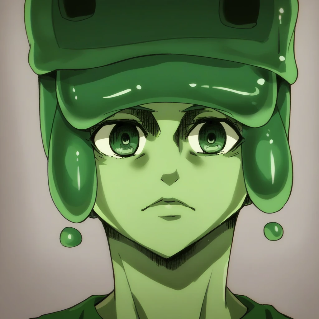 shingeki_no_kyojin_s4_style, portrait, solo,  slim3, green skin, slime girl
green hat,