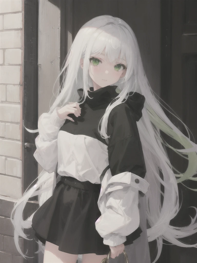 1girl, white long hair, green eyes, black ,