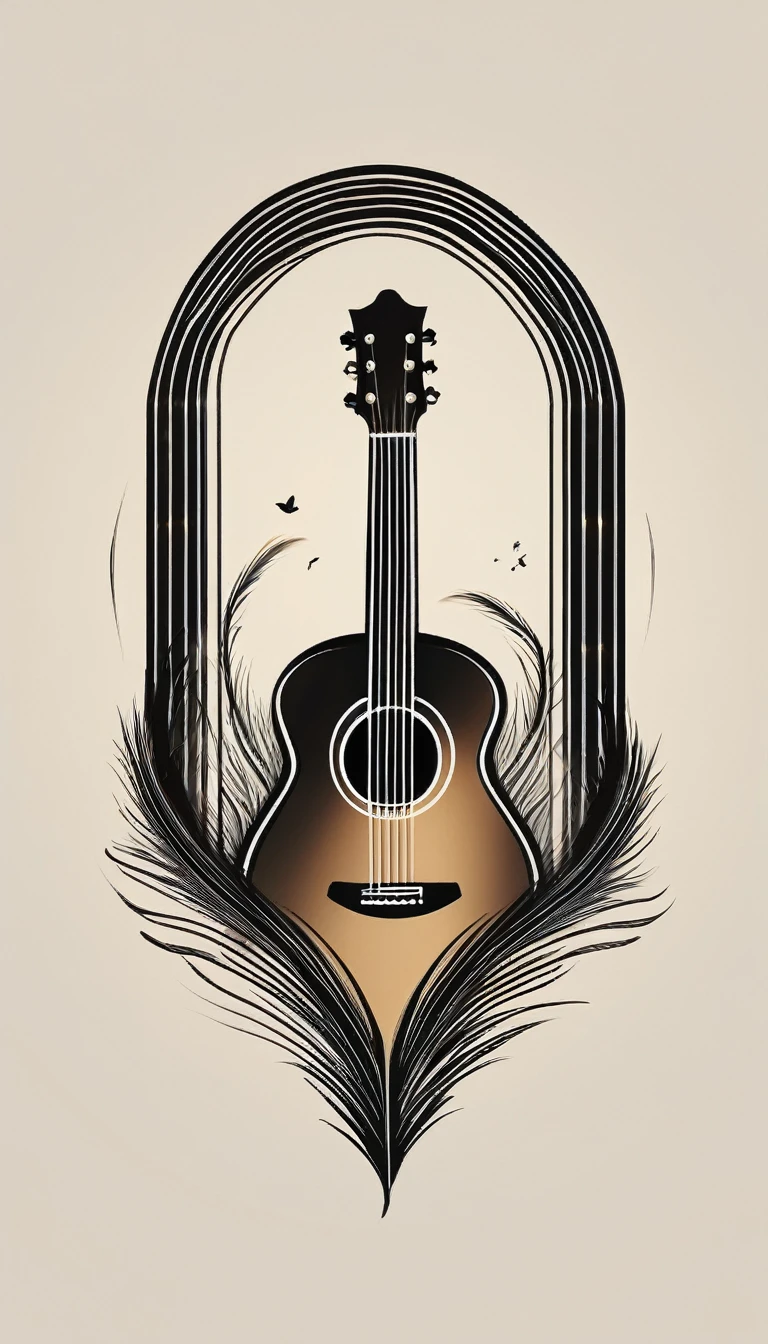 A minimal, high quality, modern, simple, cinematic symbol design for the brand “Penamemoria". The logotype must be a simple, magical feather and a boy playing acoustic guitar. The logo must convey a sense of music, stories and dreams. Logo design impressed on a book cover. Minimalistic logo