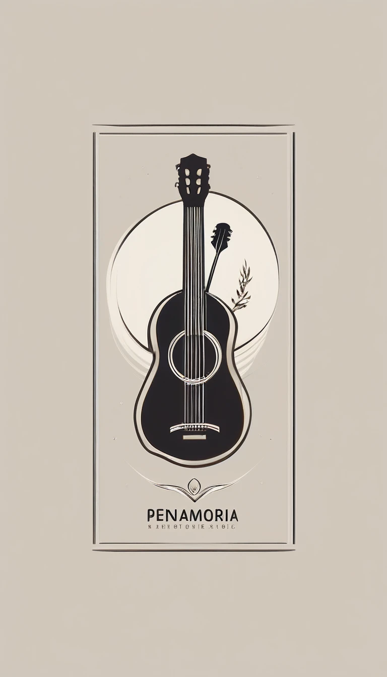 A minimal, high quality, modern, simple, cinematic symbol design for the brand “Penamemoria". The logotype must be a simple, magical feather and a boy playing acoustic guitar. The logo must convey a sense of music, stories and dreams. Logo design impressed on a book cover. Minimalistic logo
