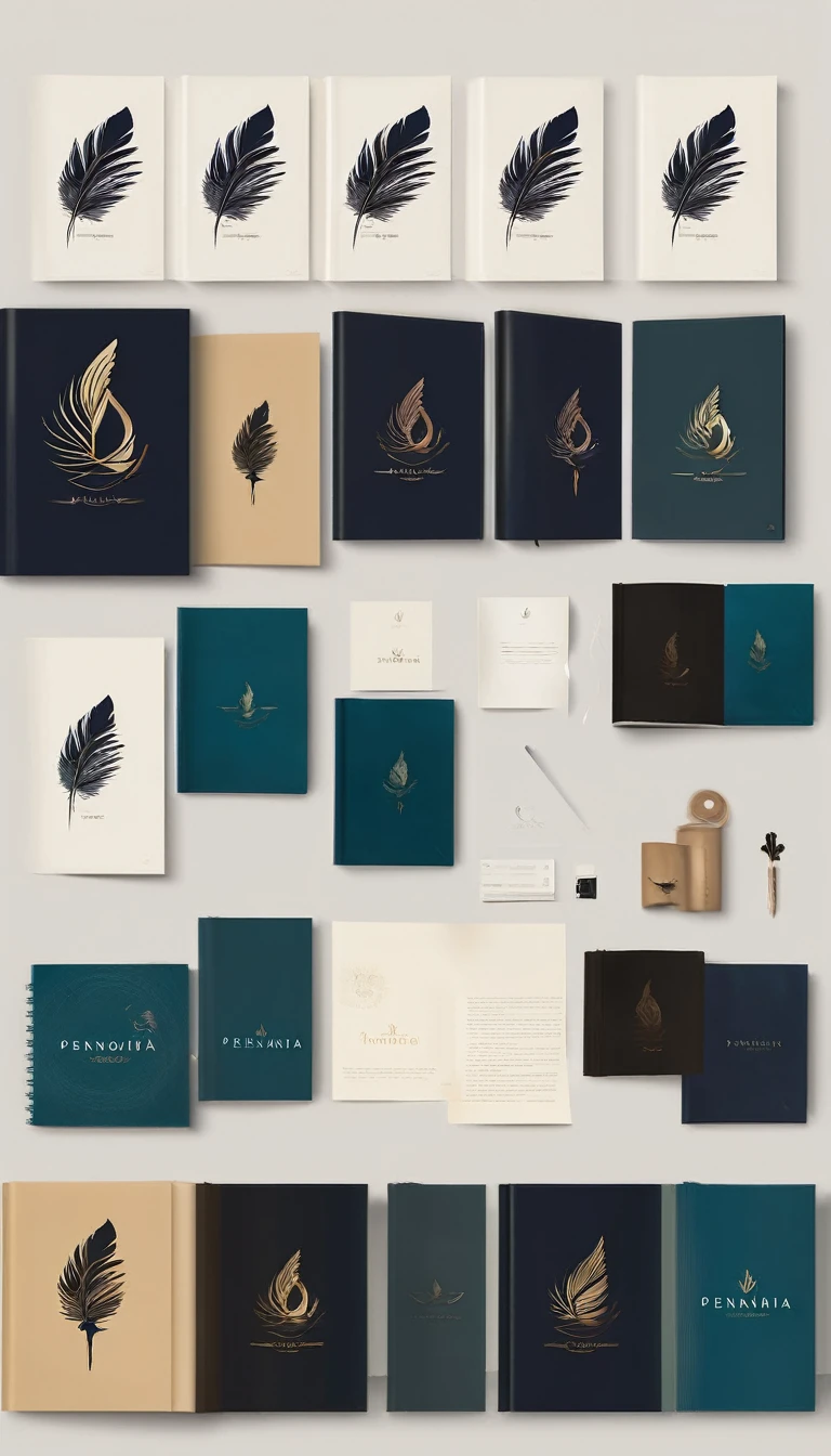 A minimal, high quality, modern, simple, cinematic symbol design for the brand “Penamemoria". The logotype must be a simple, magical feather and a boy playing acoustic guitar. The logo must convey a sense of music, stories and dreams. Logo design impressed on a book cover. Minimalistic logo