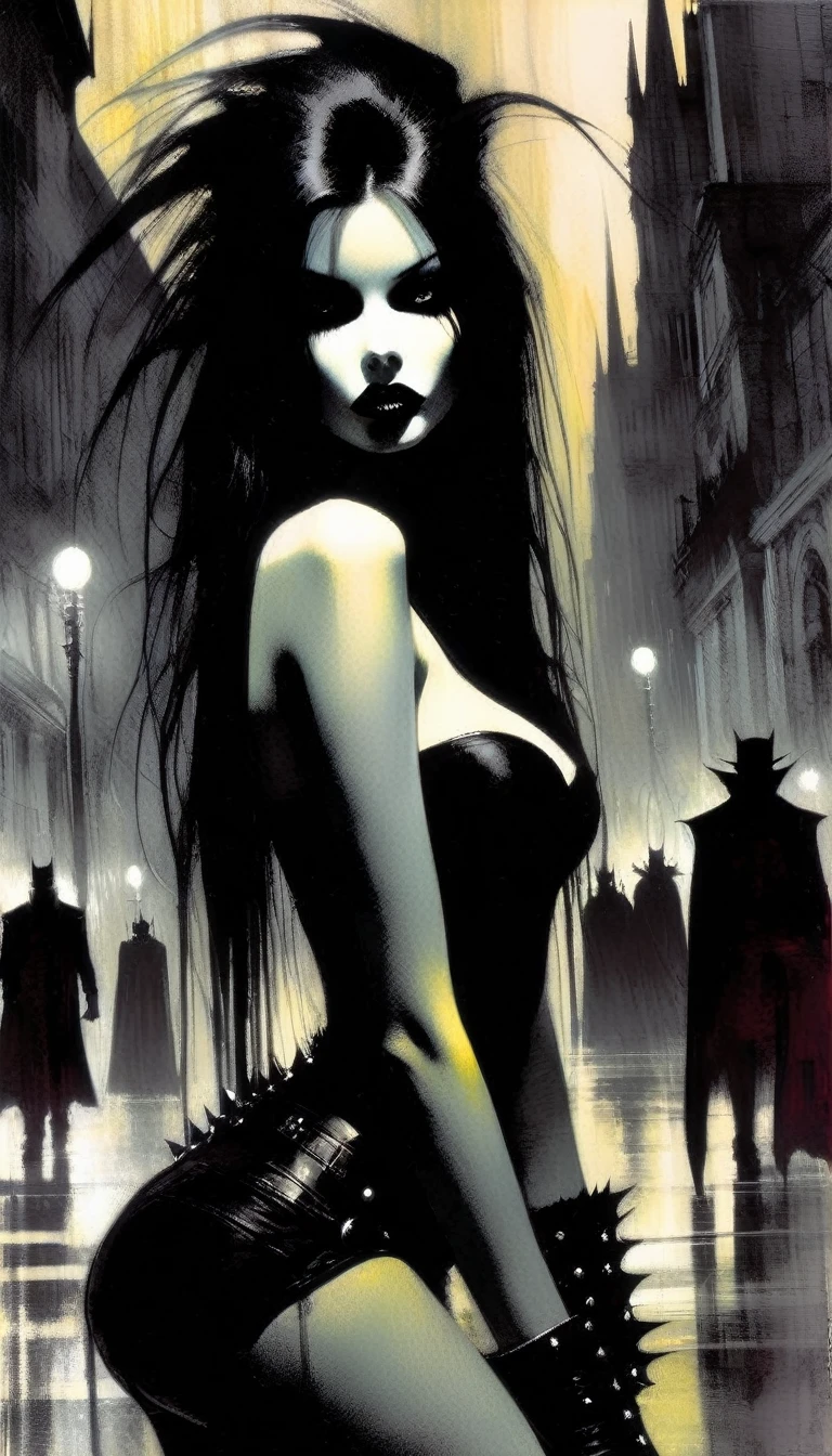 a sexy girl with a punk-gothic appearance and long hair, in the streets of the city of vampires:1.5 (art inspired by Bill Sienkiewicz, oil painting) black and white image