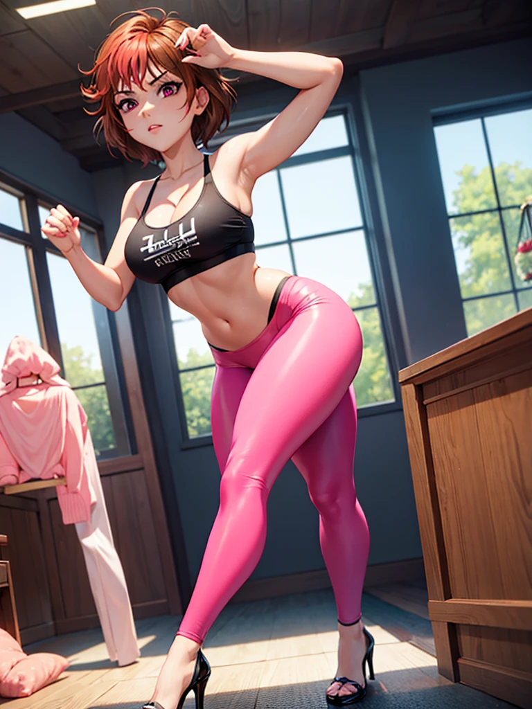 merula, sexy pose, pink high heels, sexy sport bra, yoga pants, full body, thighs