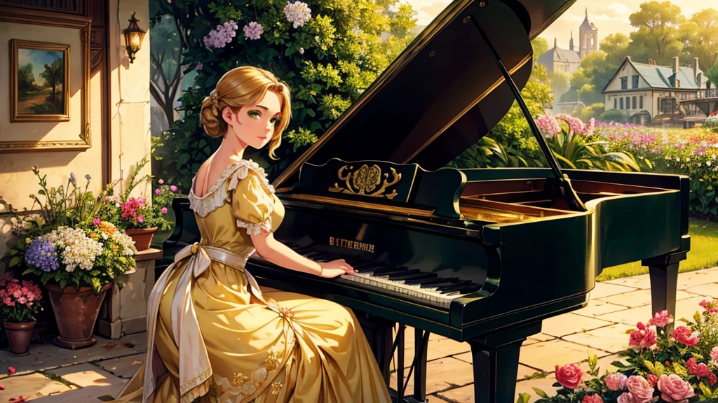 A beutiful realistic scene of a lady in a old fashioned dress; perfect and green eyes; the background is large and vintage, a ancient house with a golden piano and a lot of flowers; masterpiece.