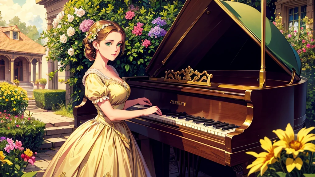 A beutiful realistic scene of a lady in a old fashioned dress; perfect and green eyes; the background is large and vintage, a ancient house with a golden piano and a lot of flowers; masterpiece.