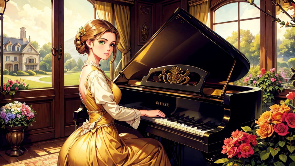 A beutiful realistic scene of a lady in a old fashioned dress; perfect and green eyes; the background is large and vintage, a ancient house with a golden piano and a lot of flowers; masterpiece.