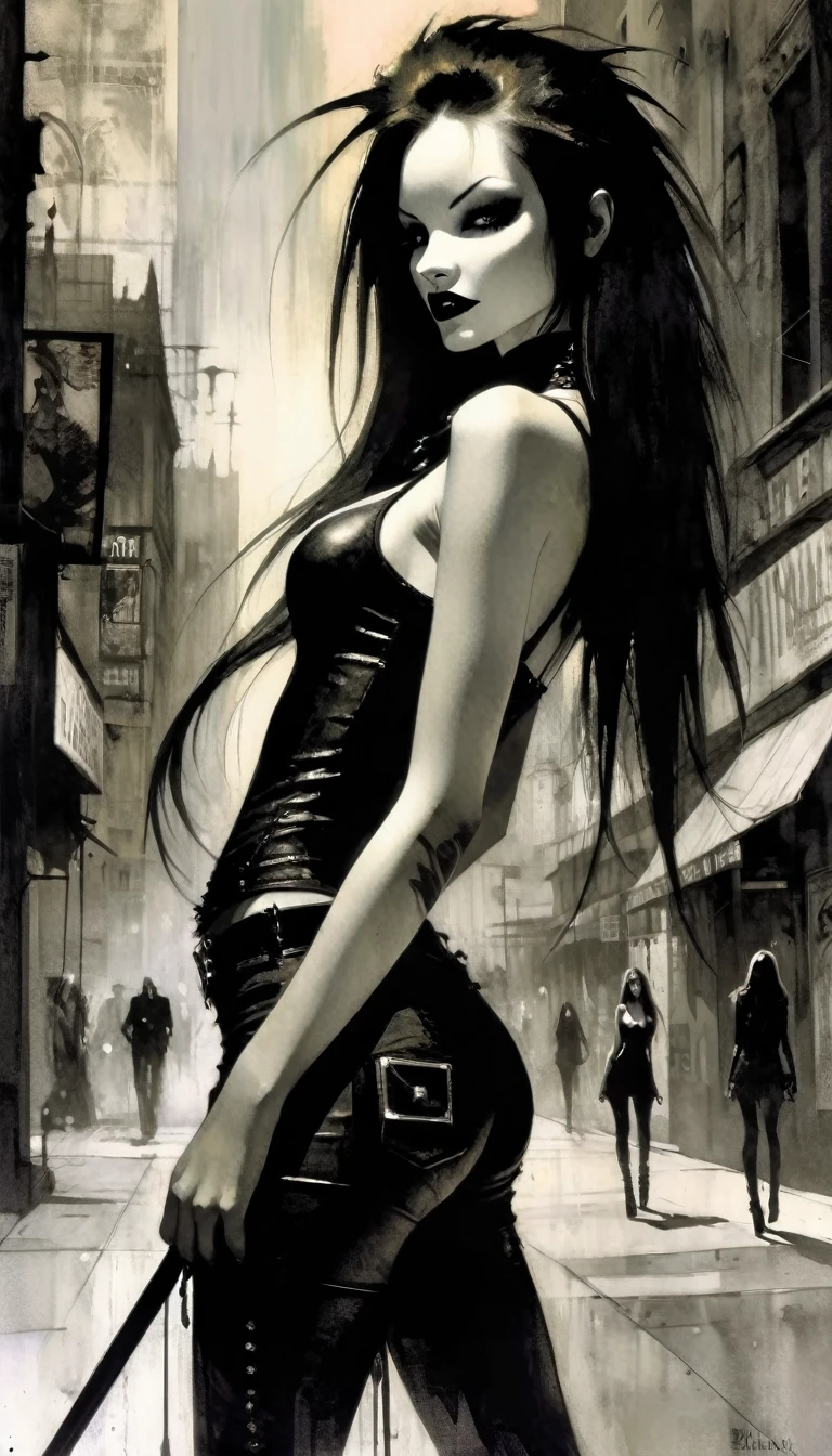 a sexy girl with a punk-gothic appearance and long hair, in the streets of the city of vampires:1.5 (art inspired by Bill Sienkiewicz, oil painting) black and white image