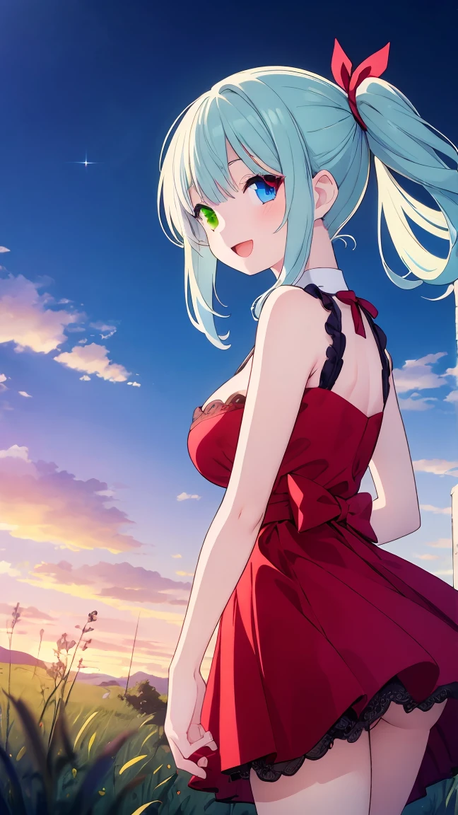 (8k, RAW photo, best quality, masterpiece, highres, absurdres, ultra detailed:1.3), (Photography, realistic, photo-realistic:1.4), (beautiful natural lighting, beautiful deatailed shadow, beautiful detailed glow :1.4), atmospheric,
BREAK Beauty 1 Girl,Solo,(Cute:1.5),(Chibi:0.6),(kawaii:1.5),(:0.5),BREAK,(17 yl),Very detailed,colourfull,highest details,Clear skin,Beautiful skin,Shy,Very detailed,colourfull,highest details,BREAK,Clear skin,Beautiful skin,Shy skin,1 beautiful girl,(Heterochromia,blue eyes,green eyes:1.75),star eye silhouette,BREAK (pale blue hair, Medium length:1.4),(side ponytail,A little curly hair,Princess Cut, crossed bangs:1.3),,(cleavage of the breast,Big breasts,Beautiful breasts,Large breasts:1.5),(long eyelashes, Double eyelids:1.2),Solo,gleaming skin, Clear skin, Beautiful skin,(best quality face),(Top quality glowing eyes), (The best smile,:D:1.45),
BREAK //Character
//Character
1girl,
BREAK
//Fashions
(red frozen crystal-themed dress with intricate ice-inspired details:1.2),(red dress adorned with abundant lace and ribbons:1.3),(mesmerizing red dress inspired by ice crystals, creating a magical aesthetic:1.2),(effortlessly chic hairstyle:1.4),
BREAK landscape of Nostalgic japan streetscape, many Stretched electric wires, many Complex Electric pole, (vivid sunrise clouds:1.1), (Strong glitter Dazzling backlight:1.1), (Grass dripping with morning dew, tip of lawn enlarged, large lecture park, running with singing: 1.45), wind, wariza,
BREAK wakame,wakame,wakame,(cowboy shot,from side:1.4),
BREAK manga illustration.media,manga style,(water color:1.15),