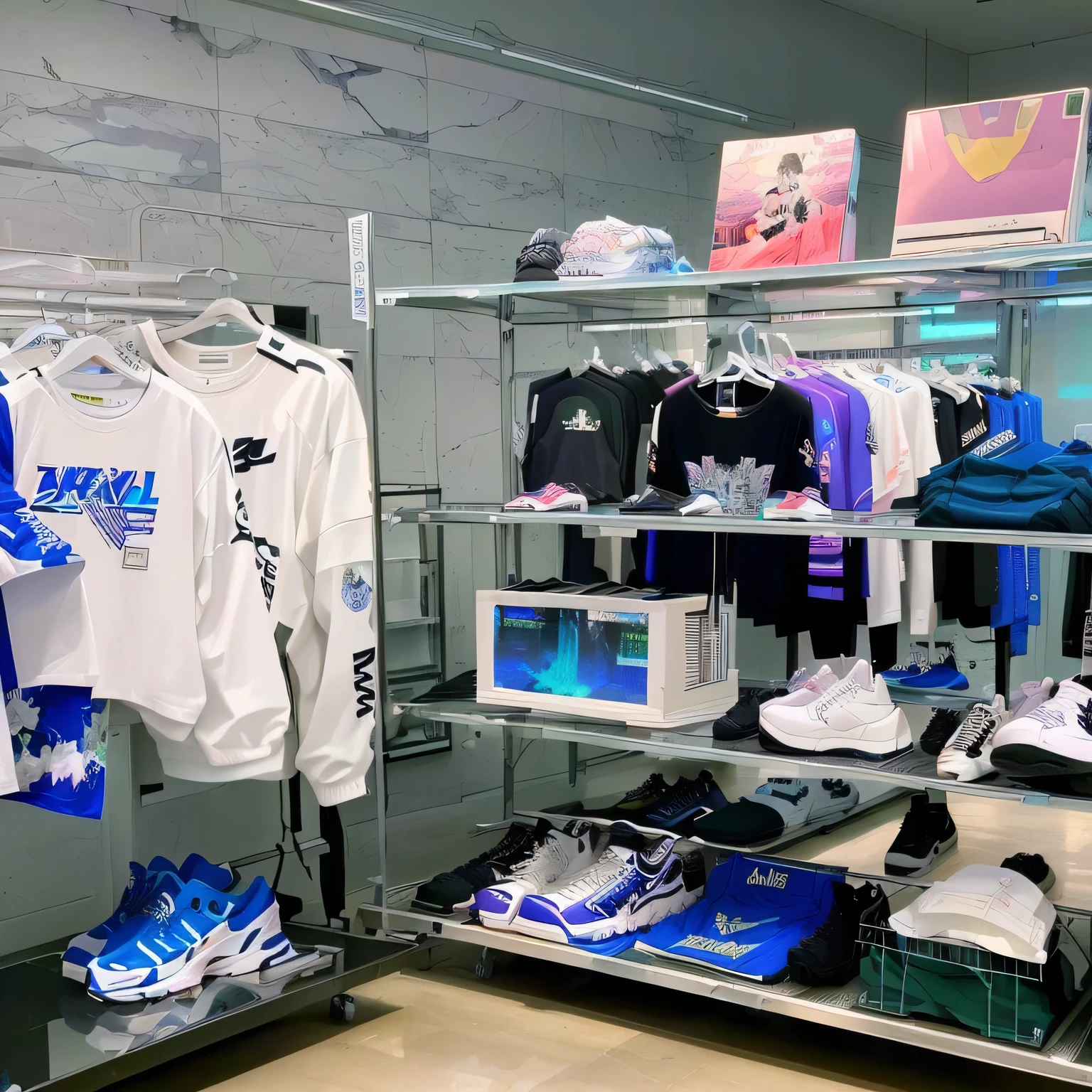 there are many items on the shelves in the store, vaporwave mall aesthetic, official store photo, photo for a store, band merchandise, in the background, product display, japanese streetwear, curated collection, trending on r/streetwear, vaporwave!, maximalist vaporwave, y2k aesthetic, y 2 k aesthetic, outlive streetwear collection, 2 k aesthetic