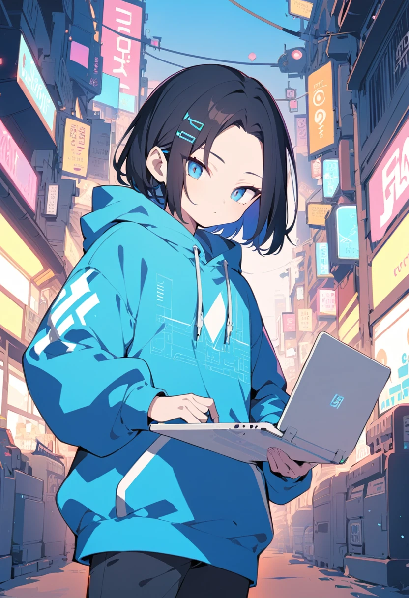 An anime-style cool young man with a visible forehead and hair clip with short bluely black hair, sharp blue eyes, in hoodie, standing straight, holding a laptop PC, electronic near-future vibe.
