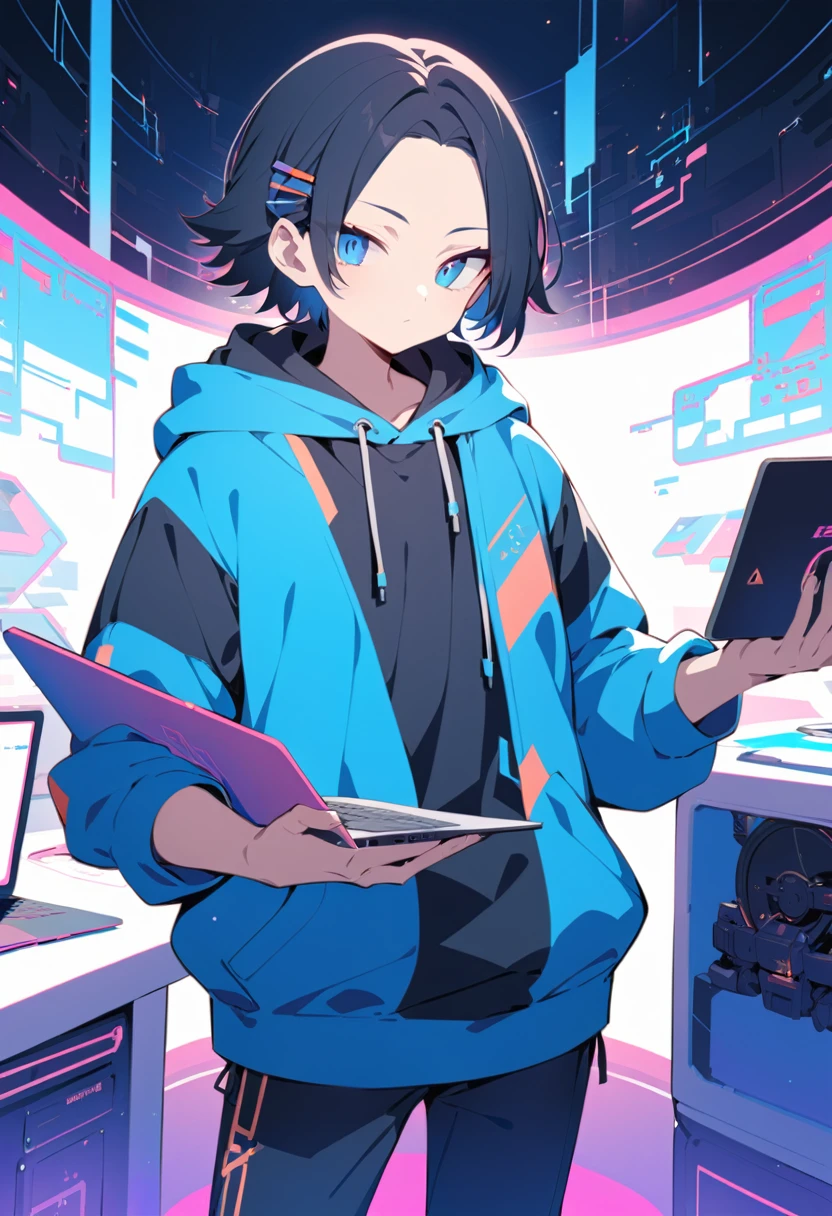 An anime-style cool young man with a visible forehead and hair clip with short bluely black hair, sharp blue eyes, in hoodie, standing straight, holding a laptop PC, electronic near-future vibe.