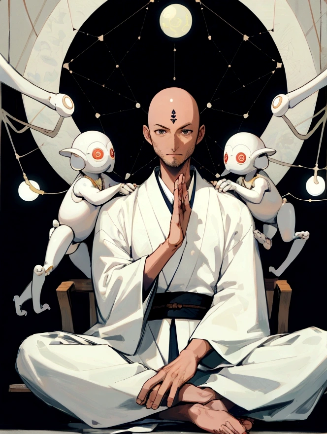full-length, man sitting, 40 years old, eight arms, three eyes, yoga, white kimono, bald, matrix, constellations