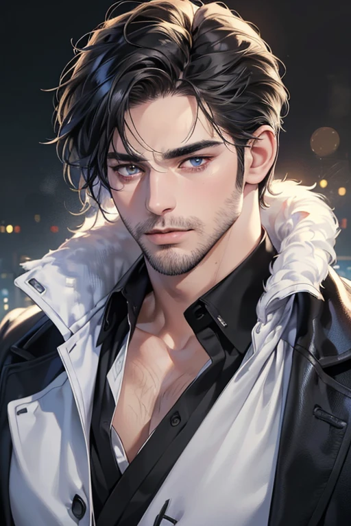(best quality,4k,8k,highres,masterpiece:1.2),ultra-detailed,(realistic,photorealistic,photo-realistic:1.37),30 year old man,3 day beard,handsome anime,portraits,strong,masculine,dark hair,sharp jawline,mesmerizing eyes,perfectly styled hair,cool anime outfit,confident expression,vibrant colors,dynamic lighting