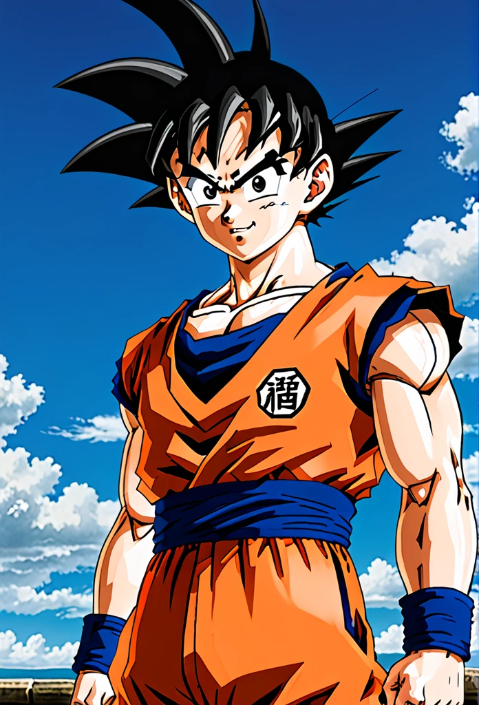 score_9, score_8_up, score_7_up,
gokuxl, solo,1boy,  black eyes, looking at viewer,
 blue dougi, happy, uppar body, black hair , orange dougi,
