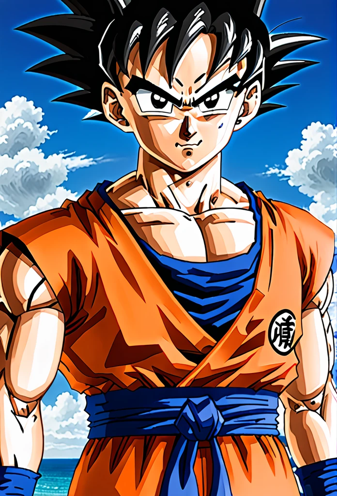 score_9, score_8_up, score_7_up,
gokuxl, solo,1boy,  black eyes, looking at viewer,
 blue dougi, happy, uppar body, black hair , orange dougi,
