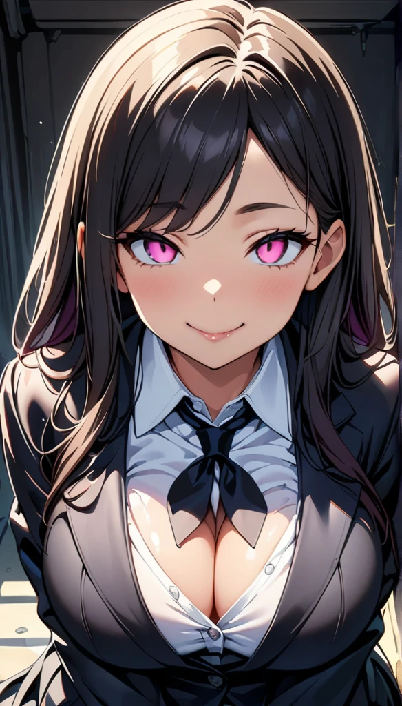 (highest quality:1.2,evil lady,cg, Very detailed, High Detail, digital coloring, High Contrast, masterpiece:1.2,suits, highest quality, Best aesthetics), 8k,masterpiece, cute,tall,beautiful,best quality, 1lady,black hair,long hair,empty eyes, (finely detailed glowing eyes and detailed face),,,,extremely detailed cg unity 8k wallpaper,solo,(latex military costume:0.9),large breasts,seductive smile,,latex thighhigh,large breasts,black hair,pink eyes,formal shirts,pantyhose,,enamel suits,grossy lips,sitting,tight skirt,sadistic smile,,heel,shiny skin,tight skirt,detailed face,beautiful body,,adult,,show me breasts,sadistic,seductive smile,business suits,latex,no tie,bust shot,((Blowjob Gestures:1.5))