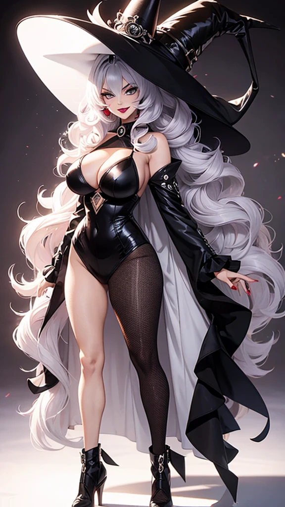 Woman, big hair, Hat, sinister grin, full body pose, villain, lipstick