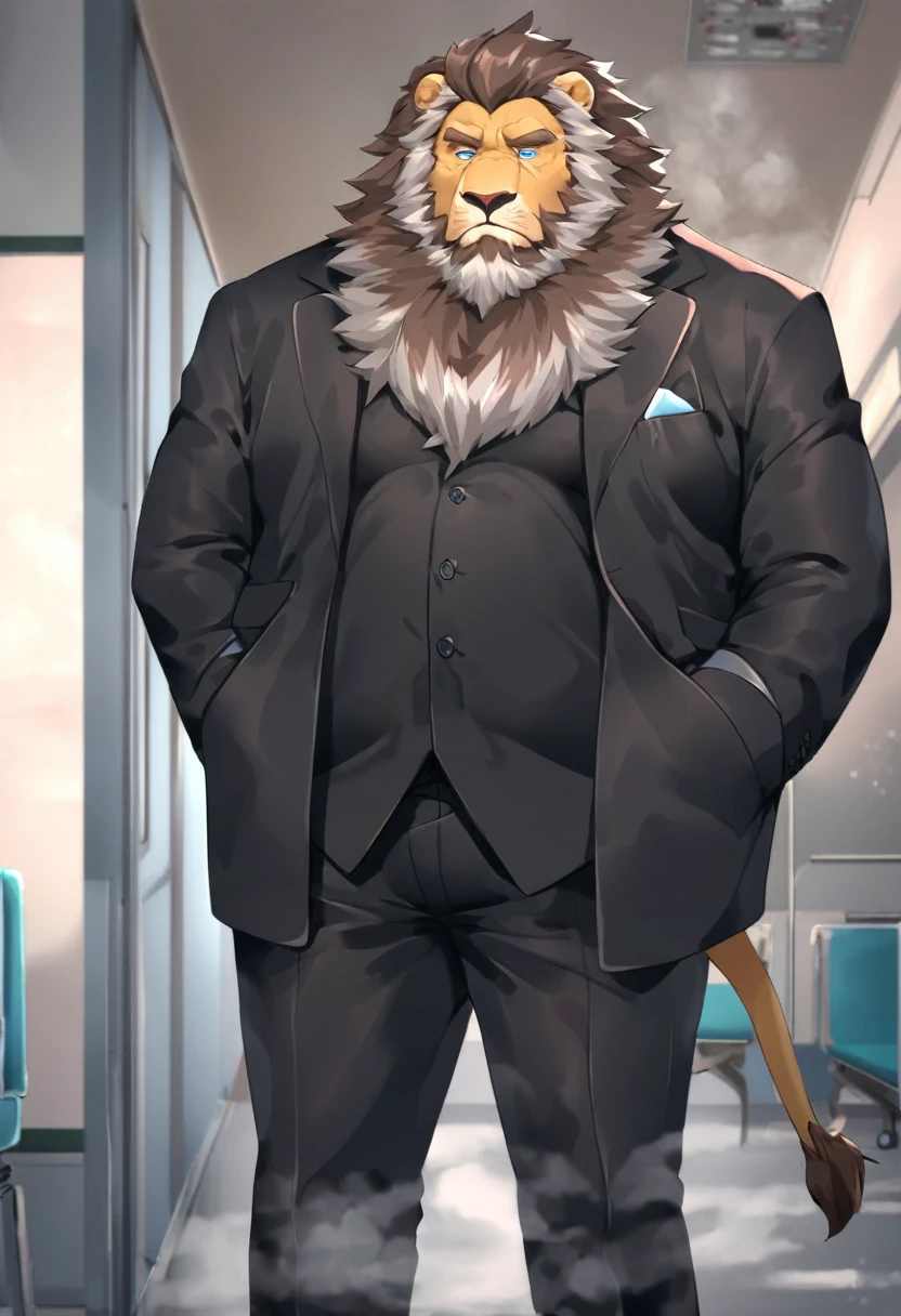 lion，personification，Mature male，Decadent strong man，Beard，Cold expression，Blue pupils，Brown eyebrows，Black suit suit，Hands in pockets，The Age of Steam，Hospital Office。