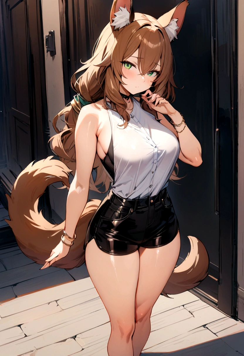 milla basset, masterpiece, best quality, 1girl, solo, long hair, looking at viewer, bangs, brown hair, shirt, animal ears, hair between eyes, bare shoulders, jewelry, breasts, green eyes, standing, tail, thighs, outside, shorts, sleeveless, shiny, bracelet, standing, full body