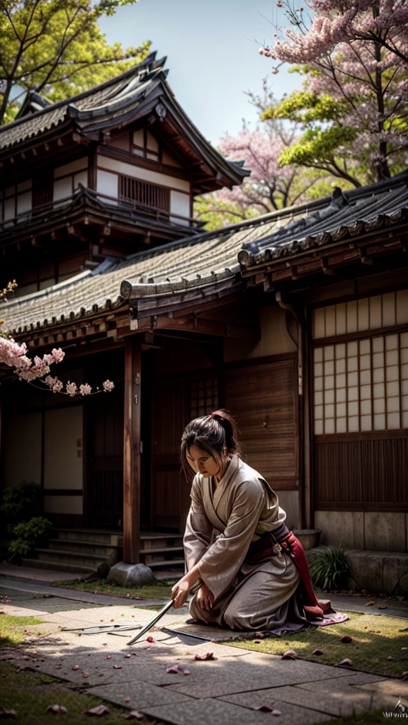 "(best quality,4k,8k,highres,masterpiece:1.2),ultra-detailed,realistic, HDR, autumn scene in Japan, flying autumn leaf, (broken, damaged, old) samurai armor, (kneeling, crouching) samurai, (falling, scattered) autumn leaves, (dirty, weathered) katana, (cracked, damaged) helmet, (vivid, vibrant) colors, (soft, warm) color palette, (natural, warm) lighting, (serene, peaceful) atmosphere, traditional Japanese landscape, (tranquil, quiet) ambiance, (rustling, gentle) breeze, hidden face, (mysterious, secretive) samurai, (forgotten, abandoned) battlefield, (tranquil, calm) energy, (nostalgic, wistful) scenery, (captivating, mesmerizing) autumn colors, (calm, serene) demeanor, (decayed, worn-out) surroundings, (lost, forgotten) battleground, fallen cherry blossom petals, delicate brushstrokes, essence of Japanese culture"
