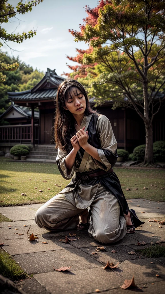 "(best quality,4k,8k,highres,masterpiece:1.2),ultra-detailed,realistic, HDR, autumn scene in Japan, flying autumn leaf, (broken, damaged, old) samurai armor, (kneeling, crouching) samurai, (falling, scattered) autumn leaves, (dirty, weathered) katana, (cracked, damaged) helmet, (vivid, vibrant) colors, (soft, warm) color palette, (natural, warm) lighting, (serene, peaceful) atmosphere, traditional Japanese landscape, (tranquil, quiet) ambiance, (rustling, gentle) breeze, hidden face, (mysterious, secretive) samurai, (forgotten, abandoned) battlefield, (tranquil, calm) energy, (nostalgic, wistful) scenery, (captivating, mesmerizing) autumn colors, (calm, serene) demeanor, (decayed, worn-out) surroundings, (lost, forgotten) battleground, fallen cherry blossom petals, delicate brushstrokes, essence of Japanese culture"