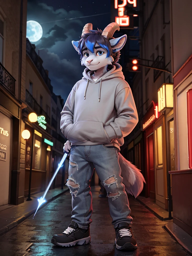 A femboy werewolf man with Dark Blue fur wearing a grey hoodie wearing gray jeans that is gray in coloring with goat horn sticking out of his head with a long magic wand standing in front of Paris