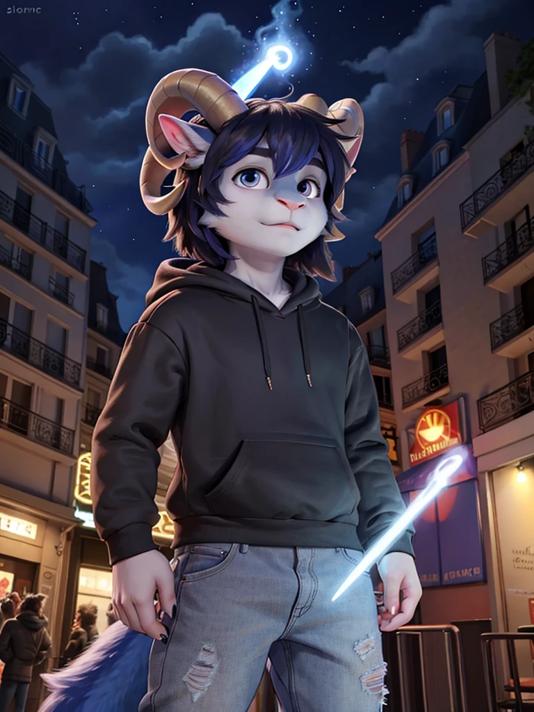 A femboy werewolf man with Dark Blue fur wearing a grey hoodie wearing gray jeans that is gray in coloring with goat horn sticking out of his head with a long magic wand standing in front of Paris