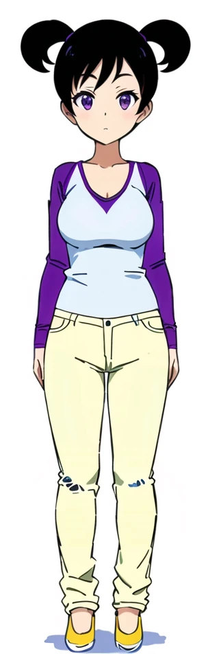 a cartoon girl with a purple shirt and white pants, centered full body rear-shot, ( ( ( wearing jeans ) ) ), thigh gap, full body details, middle shot waist up, thin-waist, wearing tight simple clothes, inverted triangle body type, full - body - front - shot, female outfit, realistically proportioned body, waist - shot