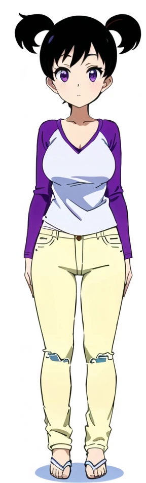 a cartoon girl with a purple shirt and white pants, centered full body rear-shot, ( ( ( wearing jeans ) ) ), thigh gap, full body details, middle shot waist up, thin-waist, wearing tight simple clothes, inverted triangle body type, full - body - front - shot, female outfit, realistically proportioned body, waist - shot