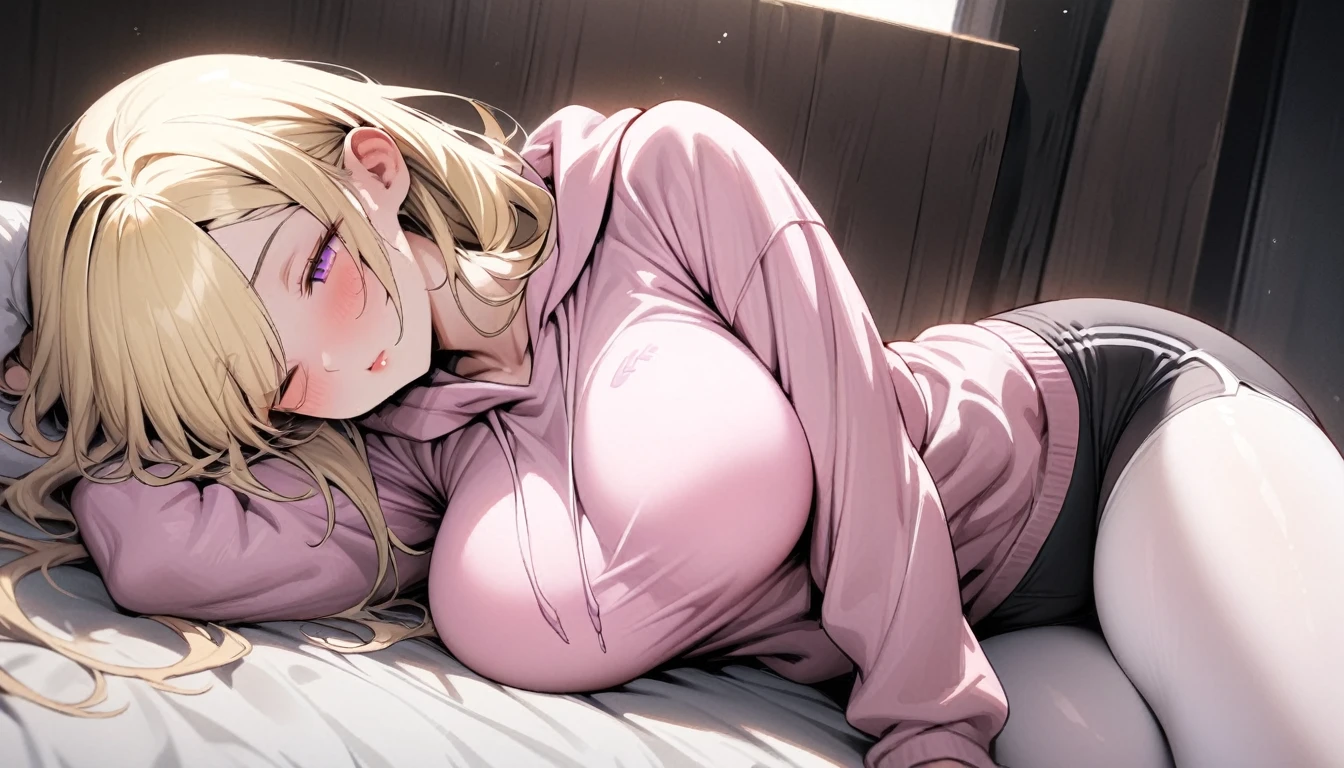 ((Best Quality)), ((Masterpiece)), (detailed), 1 girl, Pastel yellow hair, long hair, hair covers one eye, purple eyes, big breasts, big thighs, large pink hooded sweater, tight black shorts, small white tights, asleep, ojos cerrados