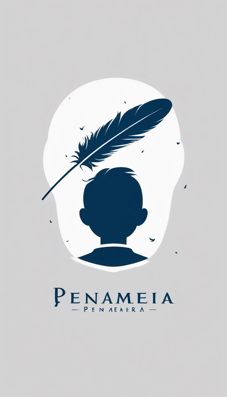 Create a minimal, modern, simple, inspirational, memorable, dream like icon design of a boy and a feather for the brand “Penamemoria"
