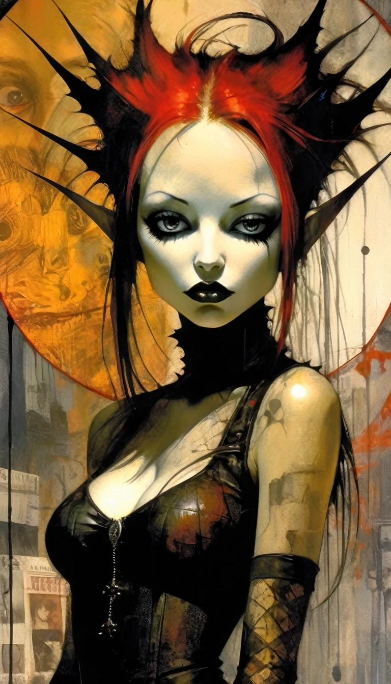 a sexy girl with a punk-gothic appearance and long hair, in the streets of the city of vampires:1.5 (art inspired by Bill Sienkiewicz, oil painting) black and white image  (best quality,4k,8k,highres,masterpiece:1.2),ultra-detailed,(realistic,photorealistic,photo-realistic:1.37),intricate details,vivid colors,sharp focus,professional,Dave McKean artwork, oil touch of surrealism,oil painting style
