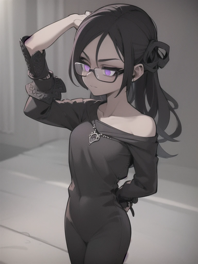 ((1girl:1.2),highly detailed girl with purple eyes,black framed glasses,short dark hair,wearing a black shirt,in a grey room with a black bed and sheets),(best quality,8k,highres,detailed,photorealistic,studio lighting),(gothic,moody,dramatic lighting),(dark,cinematic,dramatic)