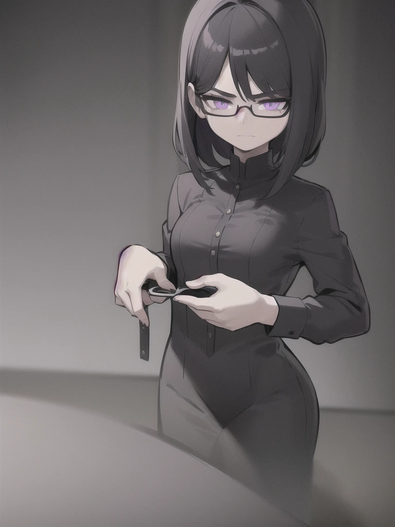 ((1girl:1.2),highly detailed girl with purple eyes,black framed glasses,short dark hair,wearing a black shirt,in a grey room with a black bed and sheets),(best quality,8k,highres,detailed,photorealistic,studio lighting),(gothic,moody,dramatic lighting),(dark,cinematic,dramatic)