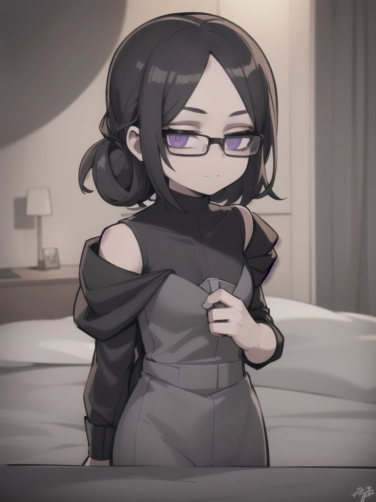 ((1girl:1.2),highly detailed girl with purple eyes,black framed glasses,short dark hair,wearing a black shirt,in a grey room with a black bed and sheets),(best quality,8k,highres,detailed,photorealistic,studio lighting),(gothic,moody,dramatic lighting),(dark,cinematic,dramatic)